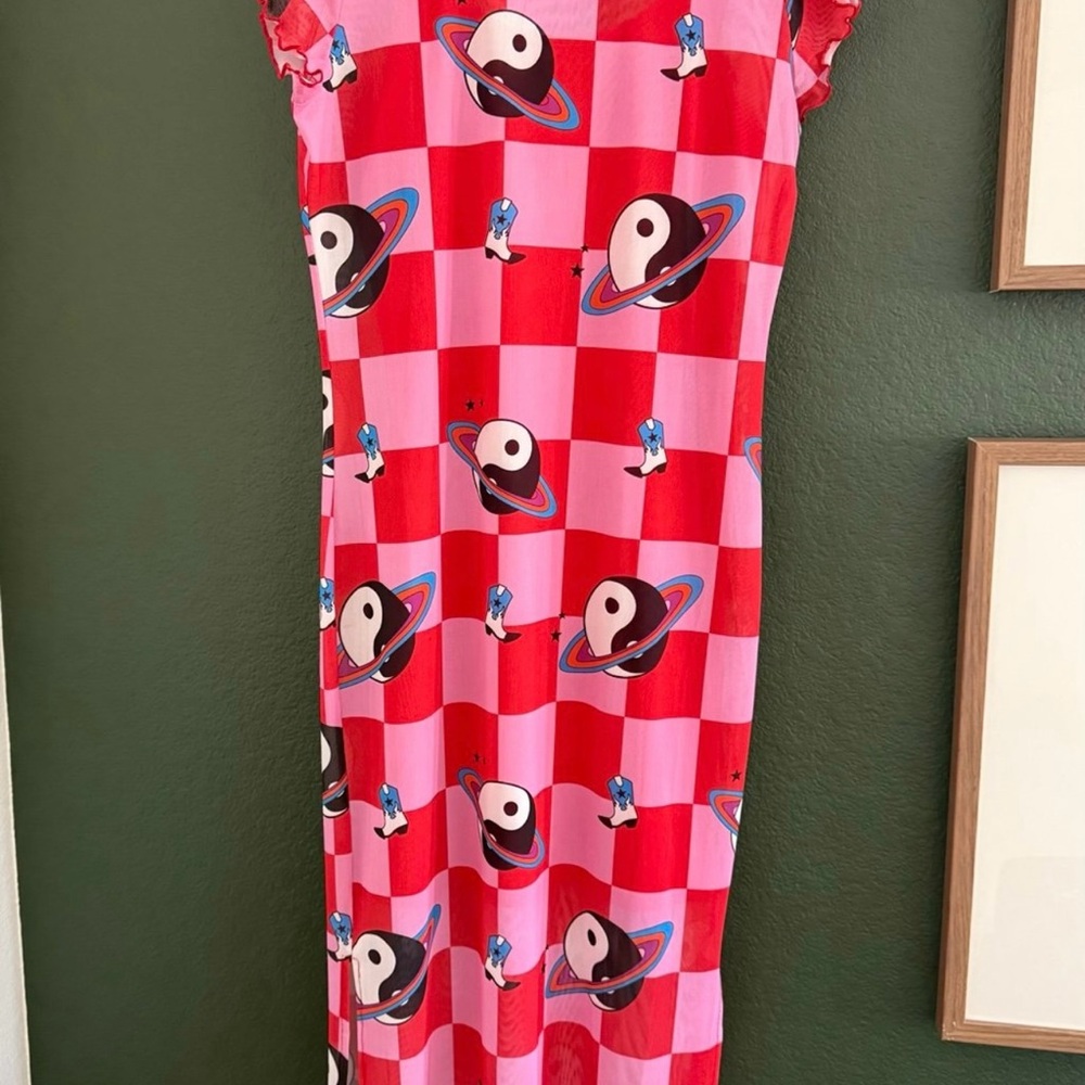 Dressed in LALA Red and Pink Planet Midi Dress